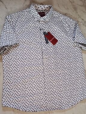 Report Collection White Short-Sleeve Button-Down Shirt with Navy Palm Print